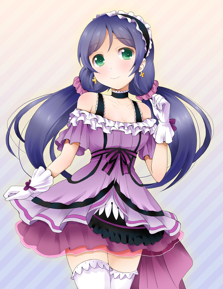 dress gloves green_eyes headdress long_hair love_live!_school_idol_project low_twintails smile thighhighs toujou_nozomi twintails violet_hair