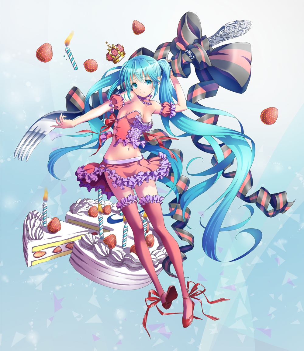 1girl aqua_eyes aqua_hair hatsune_miku long_hair midriff skirt solo suishougensou thigh-highs twintails very_long_hair vocaloid