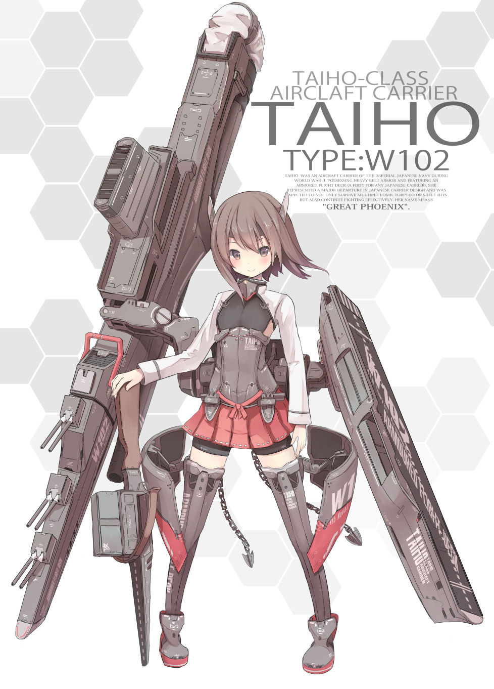 1girl anchor armor bike_shorts black_legwear brown_eyes brown_hair cannon chain flight_deck hair_ornament highres huge_weapon kantai_collection long_sleeves machinery nanashina personification shirt shorts_under_skirt skirt smile solo taihou_(kantai_collection) thigh-highs weapon