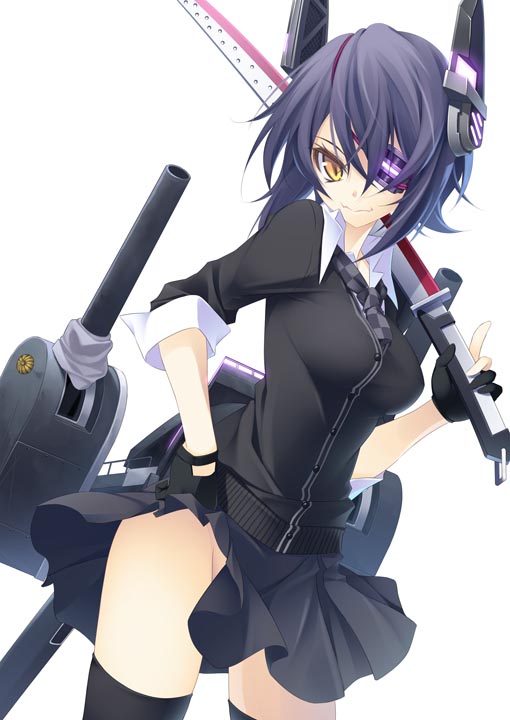 1girl checkered_necktie eyepatch fingerless_gloves gloves hand_on_hip headgear kantai_collection looking_at_viewer machinery matsuyama_nozomu necktie no_panties purple_hair short_hair solo sword tenryuu_(kantai_collection) thigh-highs turret weapon yellow_eyes