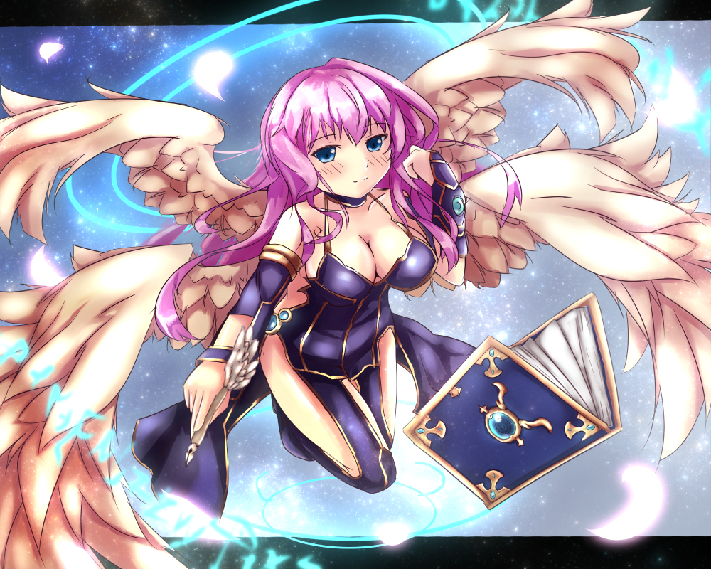 1girl angel_wings archangel_metatron_(p&amp;d) bare_shoulders black_dress blue_eyes blush book breasts cleavage dress feathered_wings fuyuki8208 holding leaning leaning_forward long_hair magic_circle multiple_wings pen petals pink_hair puzzle_&amp;_dragons smile solo wings