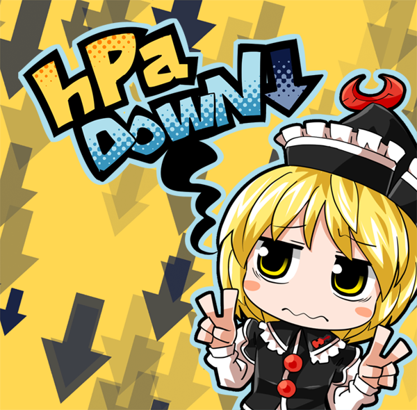 1girl blonde_hair blush_stickers byourou directional_arrow double_v hat lunasa_prismriver solo touhou v wavy_mouth yellow_eyes