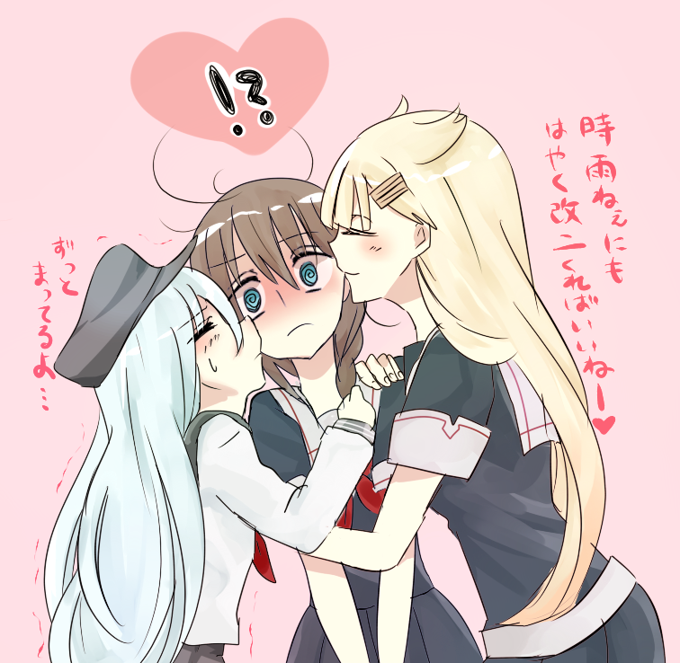 !? 3girls @_@ black_hair black_skirt blonde_hair blush braid closed_eyes flat_cap hair_flaps hair_ornament hairclip hat hibiki_(kantai_collection) hug kantai_collection kiss kiss_on_chin long_hair multiple_girls neckerchief school_uniform serafuku shigure_(kantai_collection) silver_hair single_braid sketch skirt sweatdrop translated yuno_(1215991) yuri yuudachi_(kantai_collection)