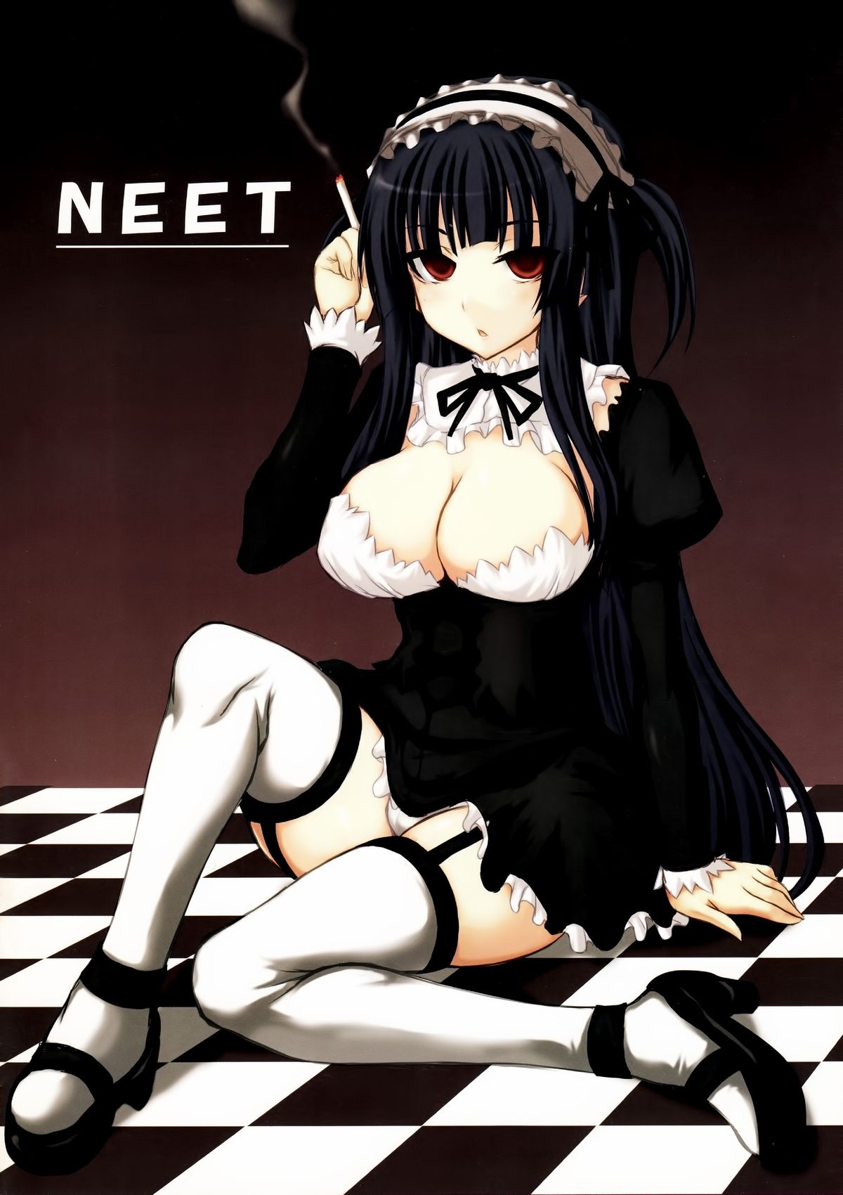 1girl alternate_costume alternate_hairstyle black_dress black_hair breasts checkered checkered_floor cigarette cleavage dress enmaided frills gradient gradient_background highres houraisan_kaguya jema long_hair long_sleeves looking_at_viewer maid maid_headdress mary_janes on_floor open_mouth panties puffy_sleeves red_eyes scan shoes sitting solo text thigh-highs touhou twintails underwear white_legwear