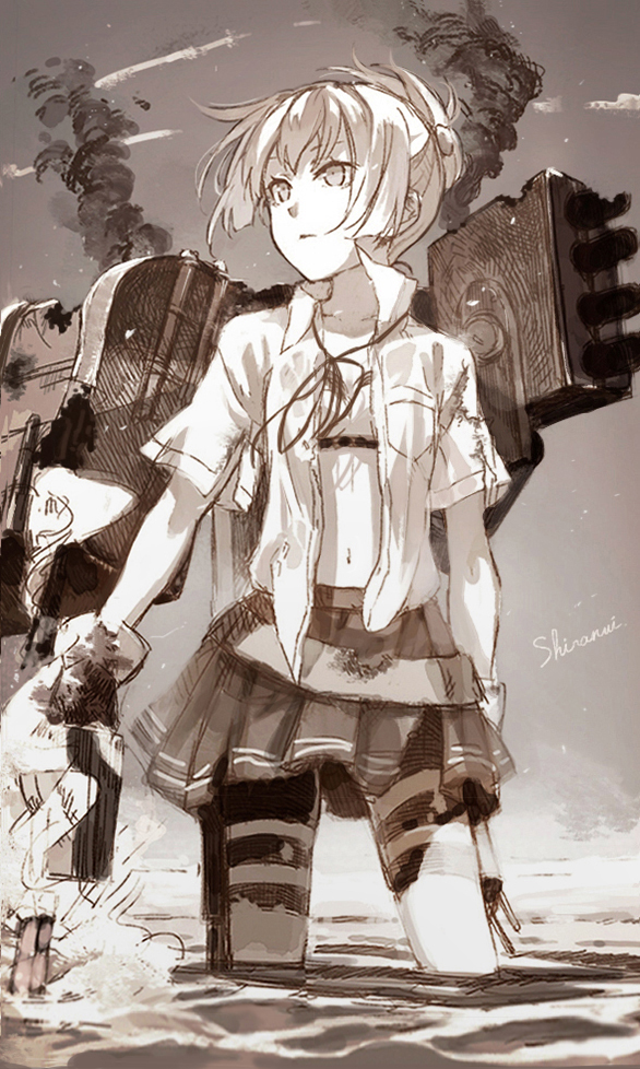 1girl bike_shorts bra broken character_name cosmic_(crownclowncosmic) gloves hair_ornament kantai_collection looking_afar monochrome navel open_clothes open_shirt ponytail shiranui_(kantai_collection) short_hair short_ponytail skirt sky smoke solo standing thigh_strap torn_clothes underwear