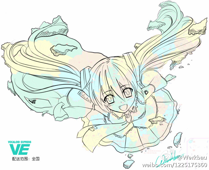 1girl detached_sleeves hatsune_miku necktie open_mouth personified_map sketch skirt solo tagme twintails vocaloid werkbau