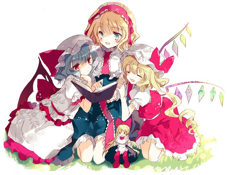 3girls alice_margatroid apron bat_wings blonde_hair blue_dress blue_eyes blue_hair blush book bow capelet cierra_(ra-bit) closed_eyes crystal doll dress family flandre_scarlet frills hair_ribbon hairband hat hat_ribbon kneeling lolita_hairband long_hair looking_at_another mob_cap multiple_girls necktie open_book open_mouth ponytail puffy_sleeves red_eyes remilia_scarlet ribbon sash shanghai_doll shirt short_hair short_sleeves siblings side_ponytail simple_background sisters sitting skirt skirt_set smile touhou tree_shade vest waist_apron white_background wings