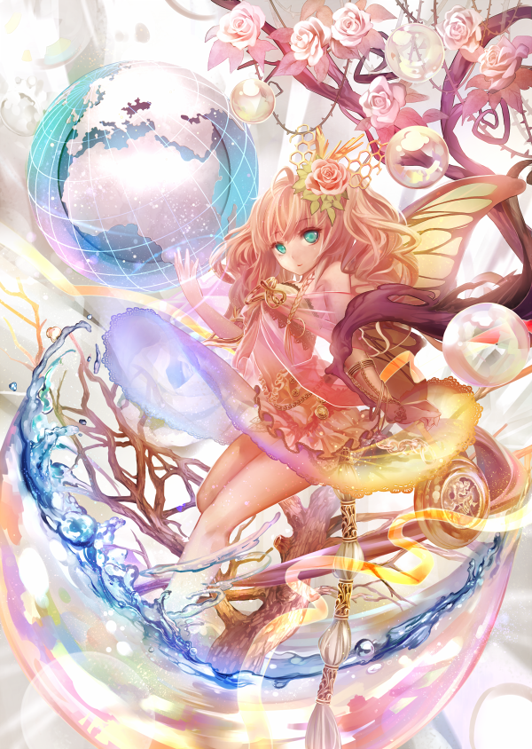 1girl blonde_hair blue_eyes butterfly_wings flower globe hair_ornament long_hair looking_at_viewer original rose solo tagme torino_akua tree_branch wings