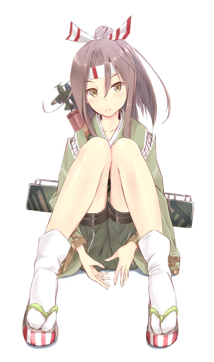 1girl airplane brown_eyes brown_hair clog_sandals headband highres japanese_clothes kantai_collection knees_together_feet_apart looking_at_viewer ponytail sitting socks solo wa_(genryusui) white_background white_legwear zuihou_(kantai_collection)