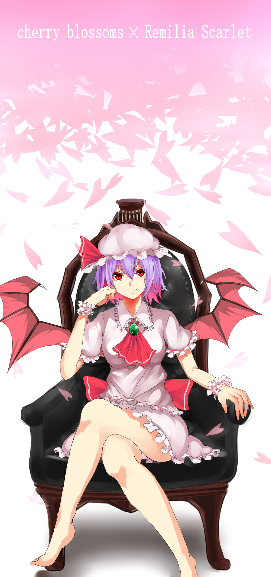 1girl akira_(mr_akira) armchair ascot bare_legs barefoot bat_wings chair character_name cherry_blossoms hat highres looking_at_viewer mob_cap petals purple_hair red_eyes remilia_scarlet short_hair sitting smile solo tagme touhou wings wrist_cuffs