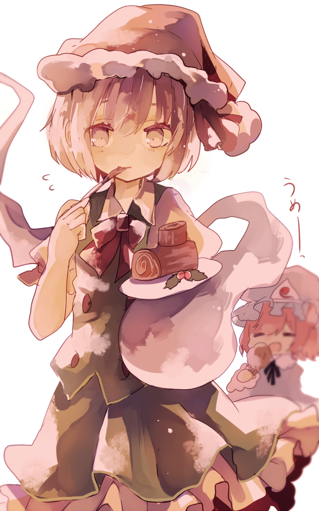 cha_goma eating flying_sweat grey_eyes hat hitodama konpaku_youmu konpaku_youmu_(ghost) pink_hair saigyouji_yuyuko santa_hat sash short_hair silver_hair smile swiss_roll touhou