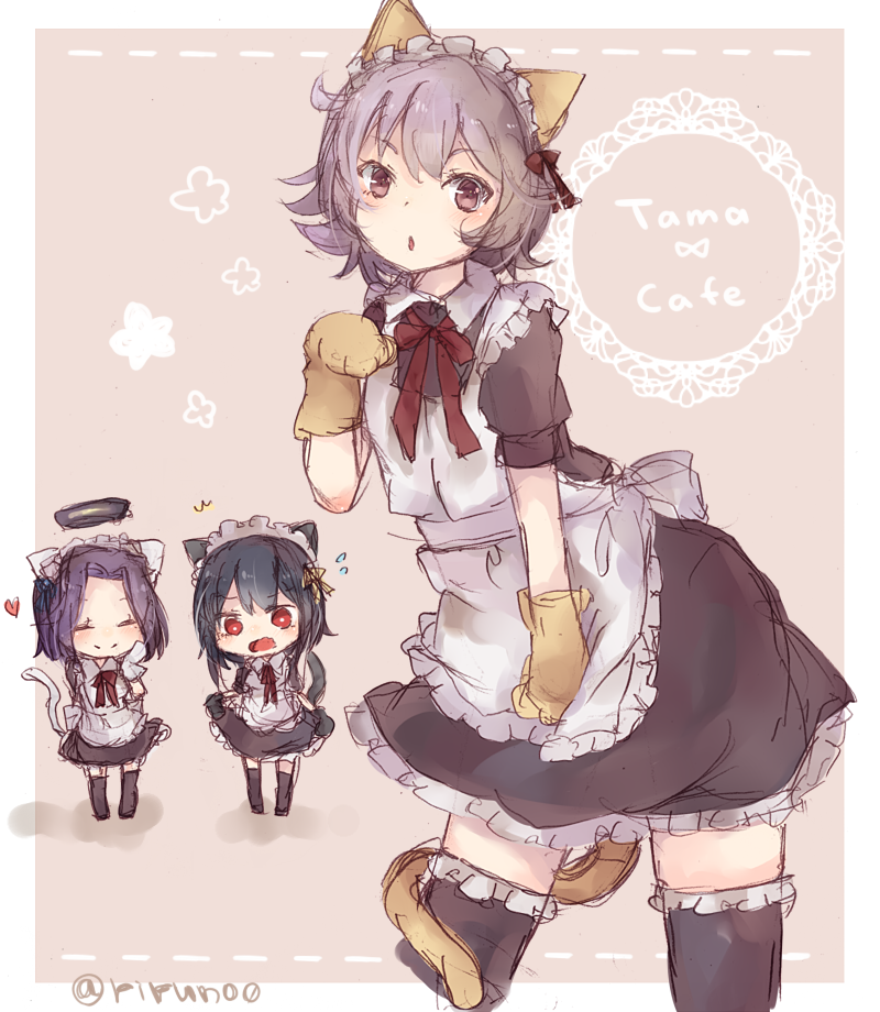 3girls animal_ears cat_ears cat_tail kantai_collection maid multiple_girls riruno tagme tail tama_(kantai_collection) tatsuta_(kantai_collection) yamashiro_(kantai_collection)