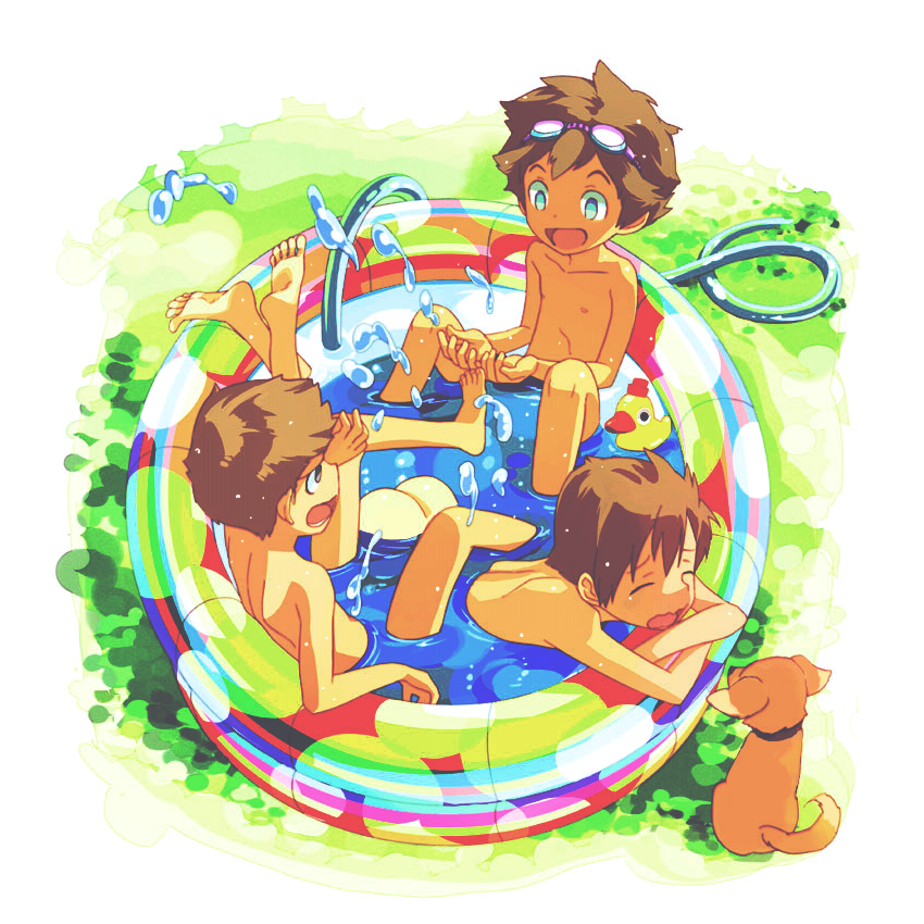 3boys ass brown_hair closed_eyes dog genda goggles goggles_on_head hose jpeg_artifacts male multiple_boys nipples nude original short_hair wading_pool water white_background