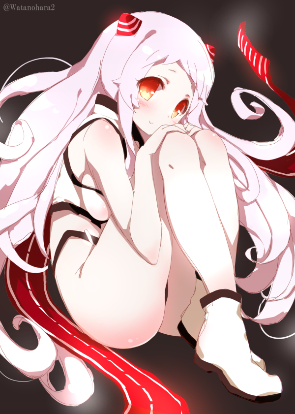 1girl airfield_hime bare_shoulders boots hands_on_knees highleg highleg_panties horns kantai_collection knees_together_feet_together long_hair looking_at_viewer pale_skin panties red_eyes shinkaisei-kan smile solo twitter_username underwear watanohara white_hair