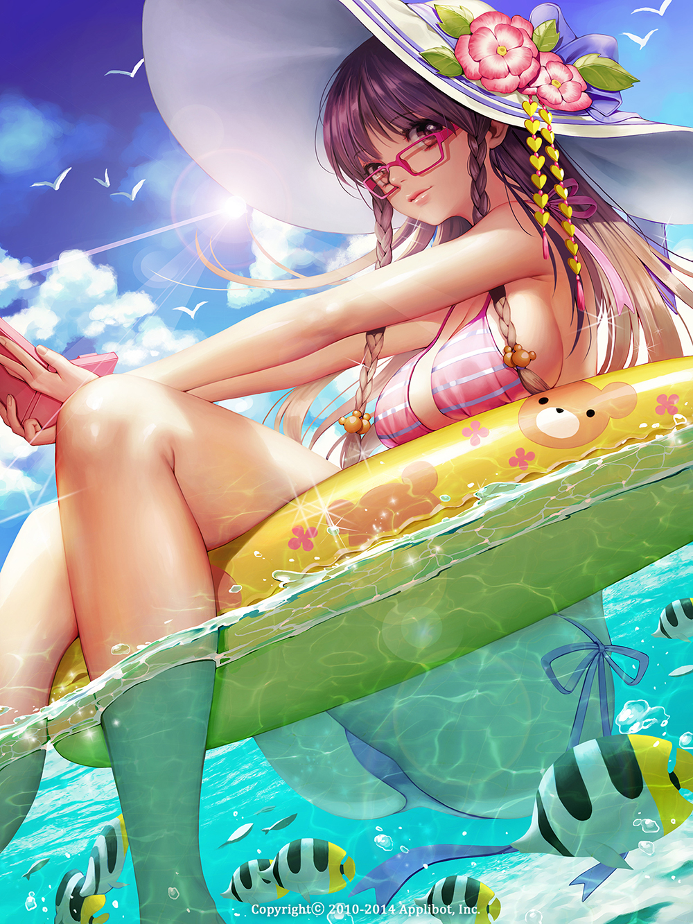 1girl bikini braid breasts brown_hair clouds fish flower hair_ribbon hat highres light_rays lips long_hair ocean original osuk2_(osugi) outdoors ribbon side-tie_bikini sky solo sun_hat sunbeam sunlight swim_ring swimsuit underwater water