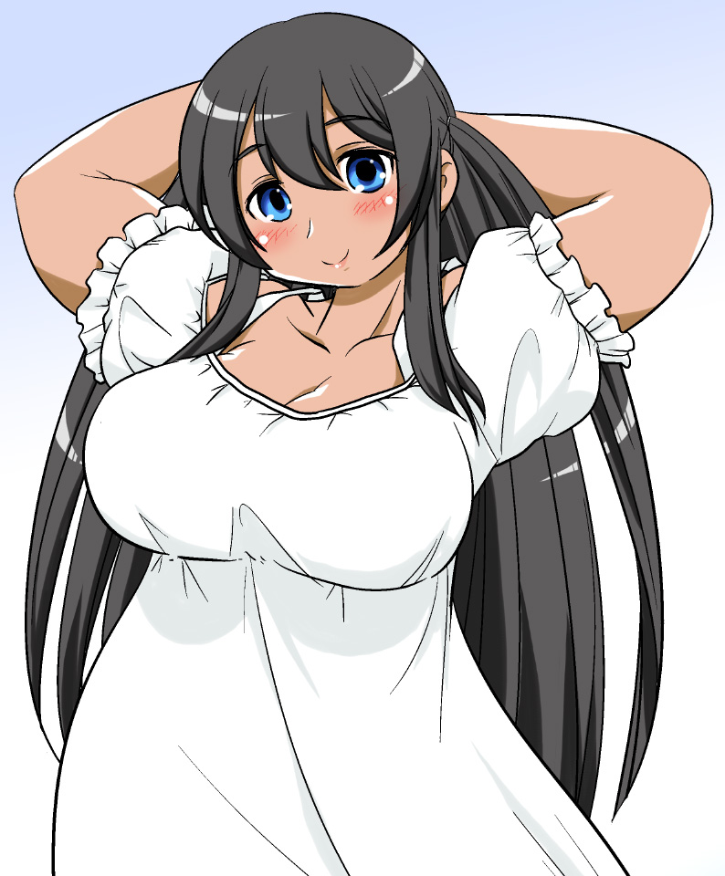 13988 1girl arms_behind_head black_hair blue_eyes breasts captain_earth collarbone curvy dark_skin dress gown large_breasts long_hair mutou_hana plump smile solo tan very_long_hair white_dress