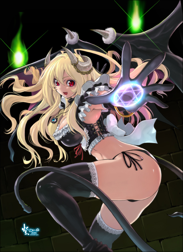 armpits black_gloves black_legwear black_panties blonde_hair breasts chain cleavage demon_girl gloves horns jewelry large_breasts magic midriff murasaki_nyaa navel necklace open_mouth original outstretched_arms panties red_eyes side-tie_panties smile spread_arms succubus tail thigh-highs underwear wings