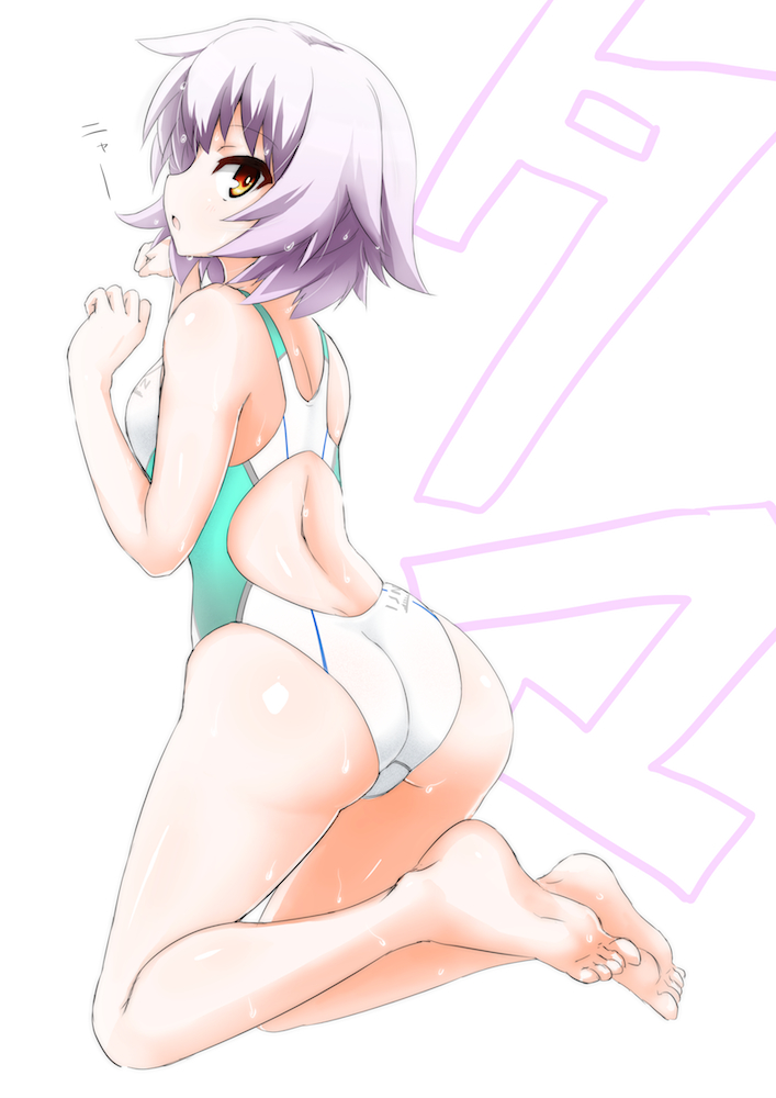 1girl alternate_costume ass barefoot blush character_name competition_swimsuit kantai_collection looking_at_viewer ogitsune_(ankakecya-han) one-piece_swimsuit purple_hair red_eyes short_hair simple_background solo swimsuit tama_(kantai_collection) white_background