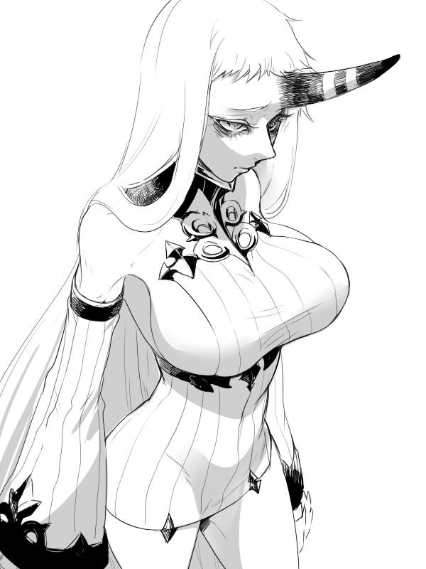1girl breasts claws detached_sleeves horn kantai_collection large_breasts long_hair monochrome seaport_hime shinkaisei-kan sideboob solo white_hair zuwai_kani