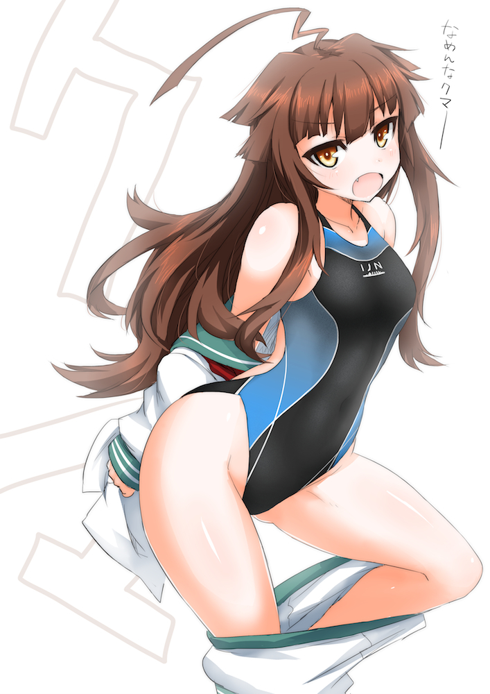 1girl ahoge alternate_costume blush brown_eyes brown_hair competition_swimsuit fang kantai_collection kuma_(kantai_collection) long_hair looking_at_viewer ogitsune_(ankakecya-han) one-piece_swimsuit open_mouth school_uniform serafuku simple_background solo swimsuit translation_request undressing white_background