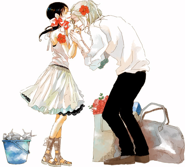 1girl axis_powers_hetalia bag black_hair blonde_hair couple dark_skin fish flower france_(hetalia) frills hair_ribbon hand_kiss height_difference hibiscus kiss namahamuro-su ribbon rose seychelles_(hetalia) skirt smile twintails