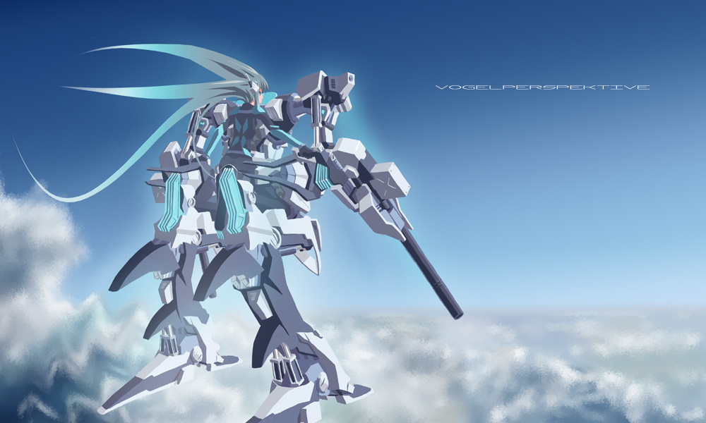 armored_core armored_core_4 blue_hair clouds flying hier mecha_musume