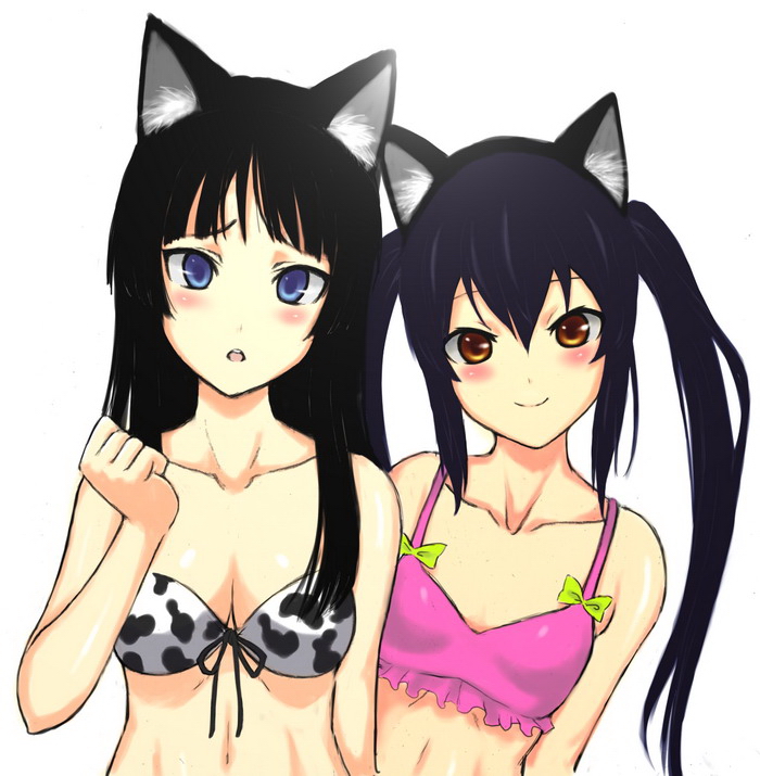 :o akiyama_mio animal_ears bad_id bare_shoulders bikini bikini_top black_hair blue_eyes blush brown_eyes chikage36 collarbone cow_print k-on! long_hair looking_at_viewer multiple_girls nakano_azusa open_mouth simple_background smile swimsuit twintails white_background