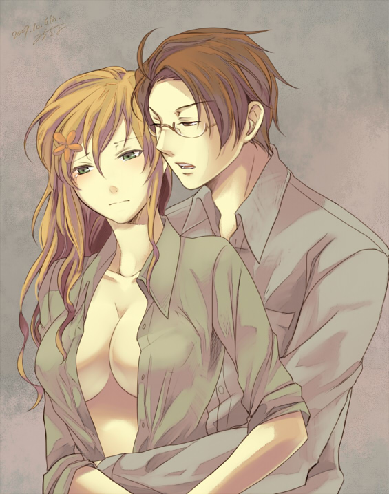 1girl austria_(hetalia) axis_powers_hetalia breasts brown_hair cleavage couple glasses green_eyes holding hug hug_from_behind hungary_(hetalia) large_breasts long_hair milcho no_bra open_clothes open_shirt shirt sleeves_rolled_up