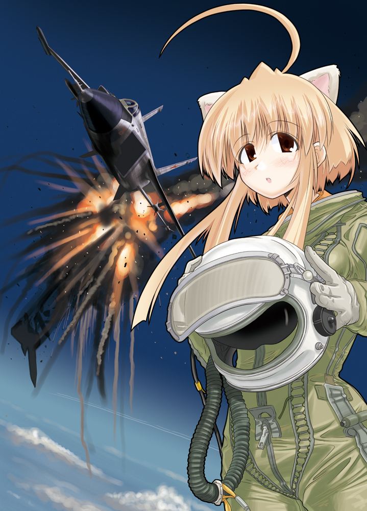 ahoge airplane animal_ears bad_end cloud excel_(artist) explosion flightsuit helmet huge_ahoge jet mig-25 oldschool pilot pilot_suit red_eyes short_hair soviet spacesuit sr-71