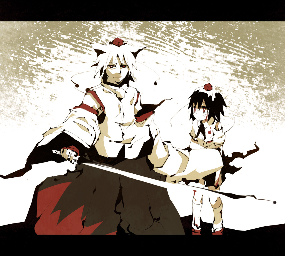 bad_id black_hair blush child detached_sleeves genderswap govurin hat inubashiri_momiji red_eyes shameimaru_aya short_hair sword tokin_hat touhou weapon white_hair wolf_ears