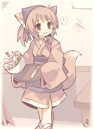 animal_ears bad_id bandana bell bell_collar collar fox_ears insect japanese_clothes loli long_sleeves lowres oops original piibokoto smile solo spill tray