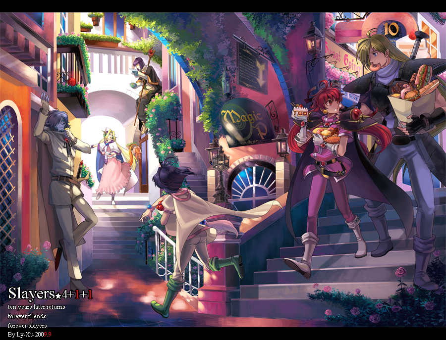 apple cake filia_ul_copt food fruit gloves gourry_gabriev height_difference jewelry lina_inverse lyxu pastry purple_hair red_eyes red_hair redhead short_hair slayers slayers_try xelloss zelgadiss_graywords