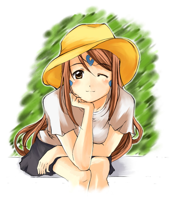 blush brown_eyes brown_hair casual chin_rest facial_mark forehead_mark goddess hat long_hair sitting skirt skuld solo trackball_(artist) wink