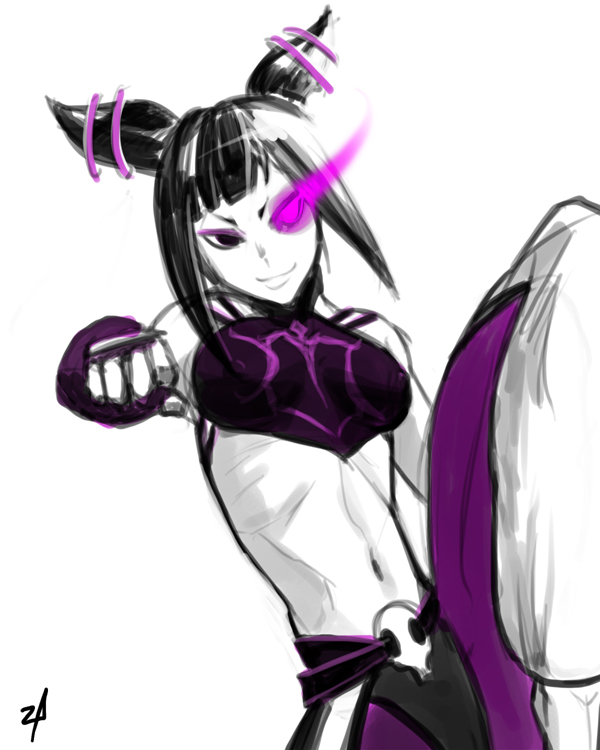 baggy_pants chaps clenched_hand crop_top eyeshadow fighting_stance fingerless_gloves gloves glowing glowing_eye glowing_eyes han_juri leg_lift lizender midriff navel ribs short_twintails signature simple_background skull smile solo street_fighter street_fighter_iv twintails