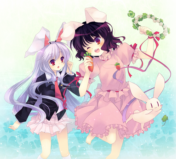 2girls animal_ears barefoot black_hair blazer bunny bunny_ears inaba_tewi lavender_hair long_hair multiple_girls necktie rabbit rabbit_ears red_eyes reisen_udongein_inaba ribbon shinia short_hair socks toes touhou water wink wreath