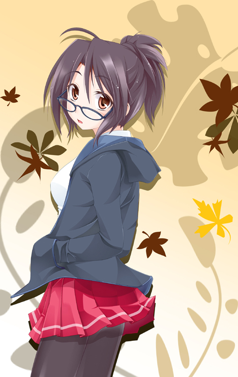 black_legwear black_pantyhose blue-framed_glasses brown_eyes glasses hands_in_pockets hoodie ichiju leaf leaves looking_back maple_leaf ogami_kazuki open_mouth original pantyhose ponytail skirt solo