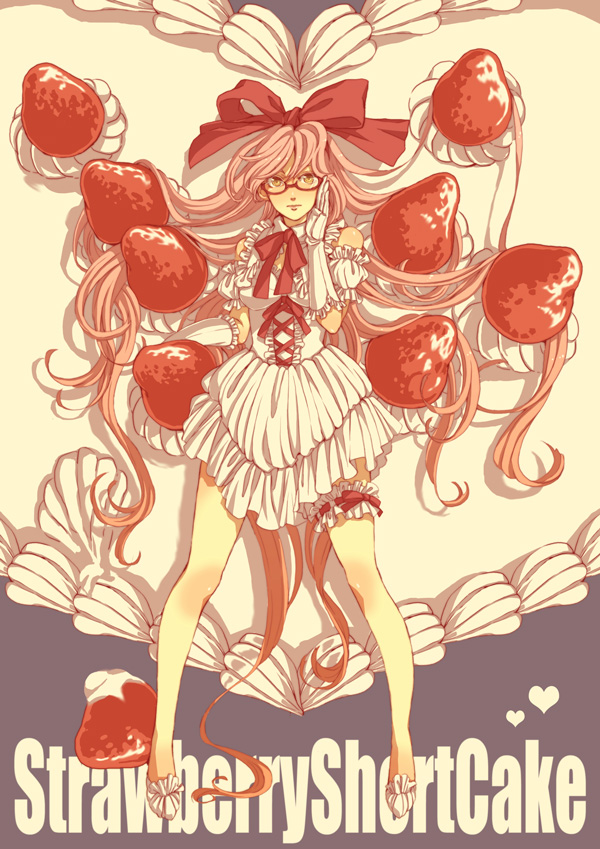 bad_id bow cake circus66 dress elbow_gloves food food_themed_clothes fruit garters glasses gloves hair_bow legs lolita_fashion long_hair original pastry pink_hair solo strawberry yellow_eyes