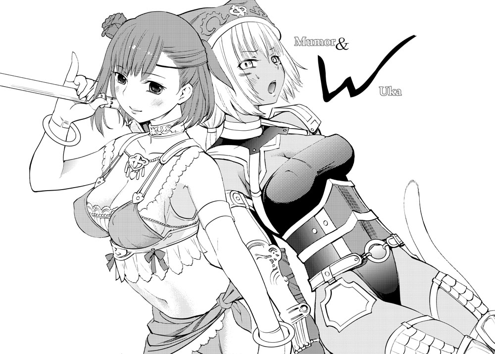 blush bracelet breasts cat_tail choker cleavage dancer fantasy final_fantasy final_fantasy_xi flower hair_flower hair_ornament hat hume jewelry mithra monochrome multiple_girls mumor navel open_mouth pinky_out robina tail uka_totlihn