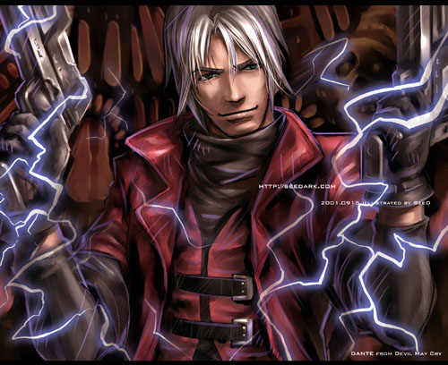 1boy 2001 brown_background character_name coat dante dated devil_may_cry electricity lowres male seed_(artist) smile solo title_drop watermark web_address white_hair