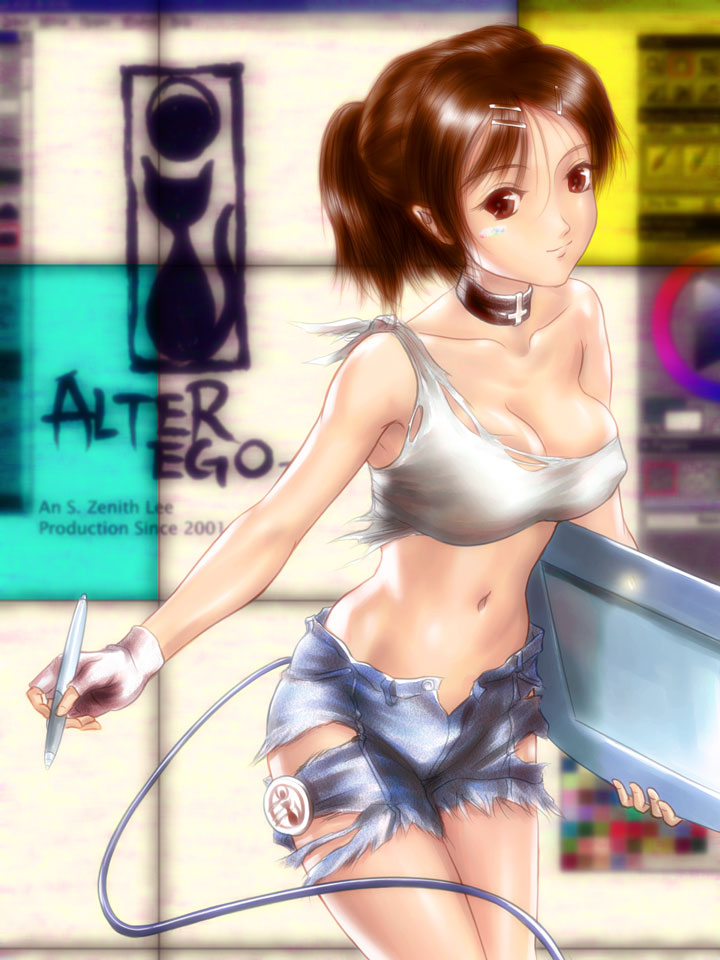 breasts brown_eyes brown_hair cleavage collar crop_top denim denim_shorts erect_nipples face_paint facepaint fingerless_gloves gloves hair_ornament hairclip midriff navel open_fly original s_zenith_lee shorts solo stylus tablet torn_clothes unzipped
