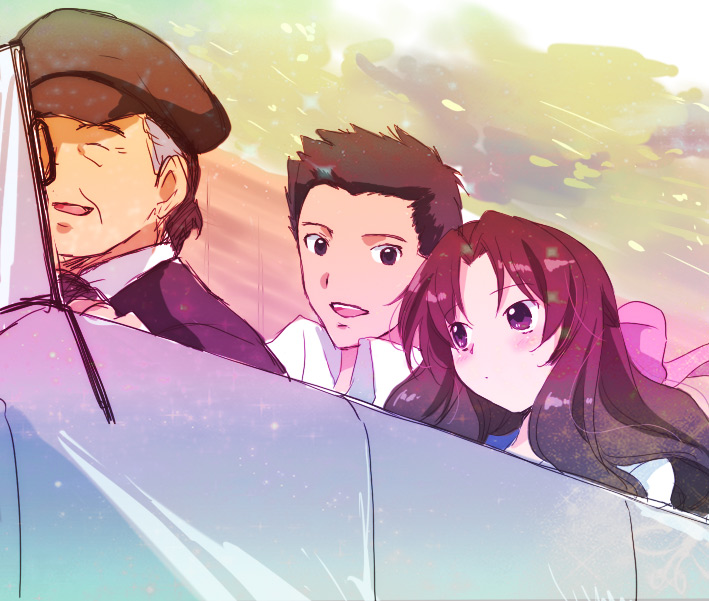 blush brown_hair car couple driving iwasaki_sousuke kurimomo left-hand_drive long_hair matsuzaka motor_vehicle ogasawara_akiko ribbon taishou_yakyuu_musume vehicle