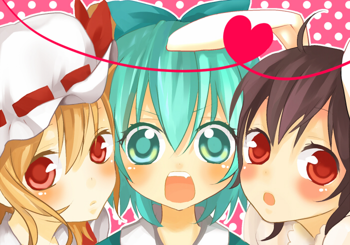 animal_ears blonde_hair blush brown_hair bunny_ears cirno coma coma_(fginiy) fang flandre_scarlet green_hair hat heart inaba_tewi multiple_girls open_mouth rabbit_ears red_eyes short_hair touhou