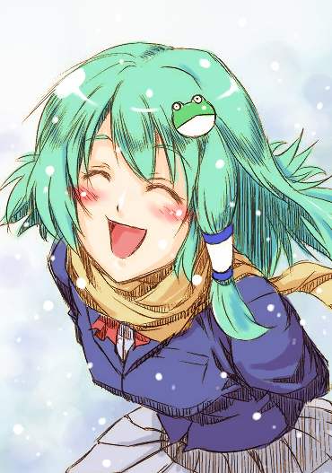 chiro_(pixiv) frog green_hair hair_ornament kochiya_sanae scarf school_uniform touhou