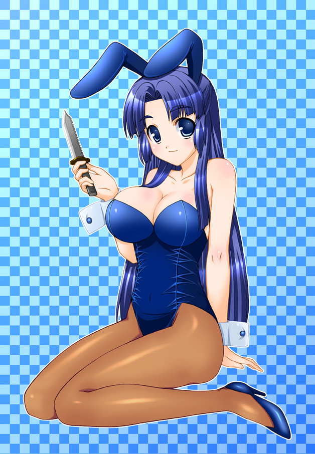 asakura_ryouko blue_eyes blue_hair breasts bunny_ears bunnysuit cleavage kisaragi_yuki knife large_breasts long_hair pantyhose rabbit_ears suzumiya_haruhi_no_yuuutsu