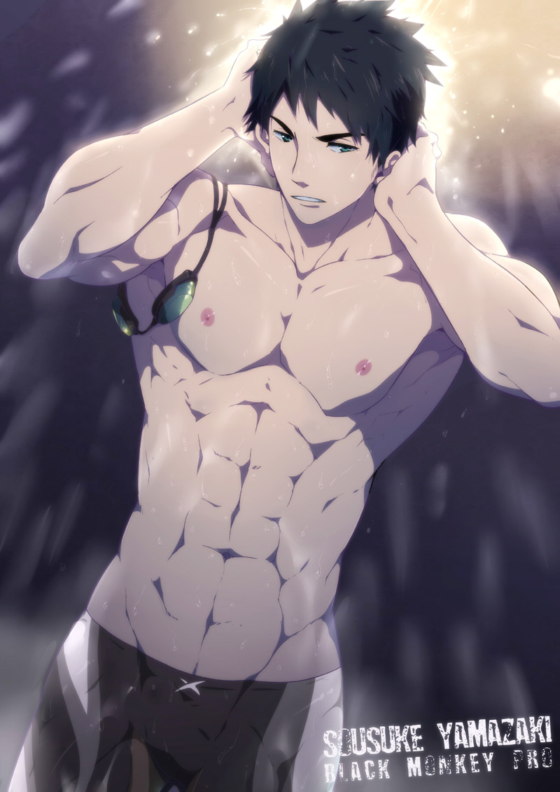 1boy abs black_hair blackmonkey blue_eyes character_name free! goggles goggles_removed jammers male mazjojo muscle wet yamazaki_sousuke