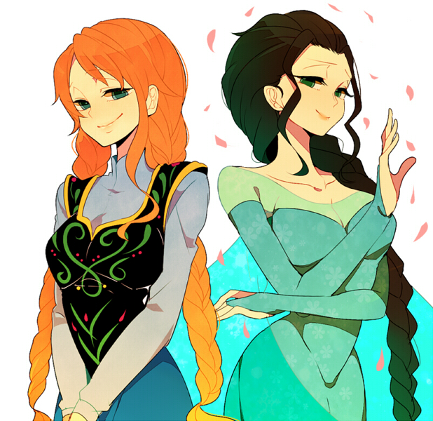 2girls anna_(frozen) anna_(frozen)_(cosplay) black_hair braid breasts cosplay dress elsa_(frozen) elsa_(frozen)_(cosplay) frozen_(disney) green_eyes komomo1214 long_hair looking_at_viewer multiple_girls nami nico_robin one_piece orange_hair petals single_braid smile twin_braids