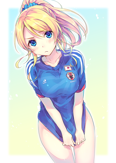 1girl 2014_fifa_world_cup :&lt; adidas ayase_eli blonde_hair blue_eyes blush bottomless breasts covering covering_crotch hair_ornament japan japanese_flag long_hair love_live!_school_idol_project naked_shirt natsu_natsuna ponytail scrunchie shirt_tug soccer soccer_uniform solo sportswear world_cup