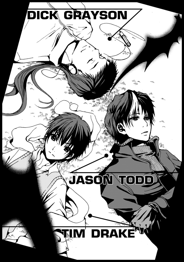 3boys arms_crossed bat batman_(series) brother brothers character_name dc_comics dick_grayson eguana gloves headphones jason_todd laying male monochrome on_back robin_(dc) screen siblings sleeping smile sweater sweater_vest tim_drake two-tone_hair