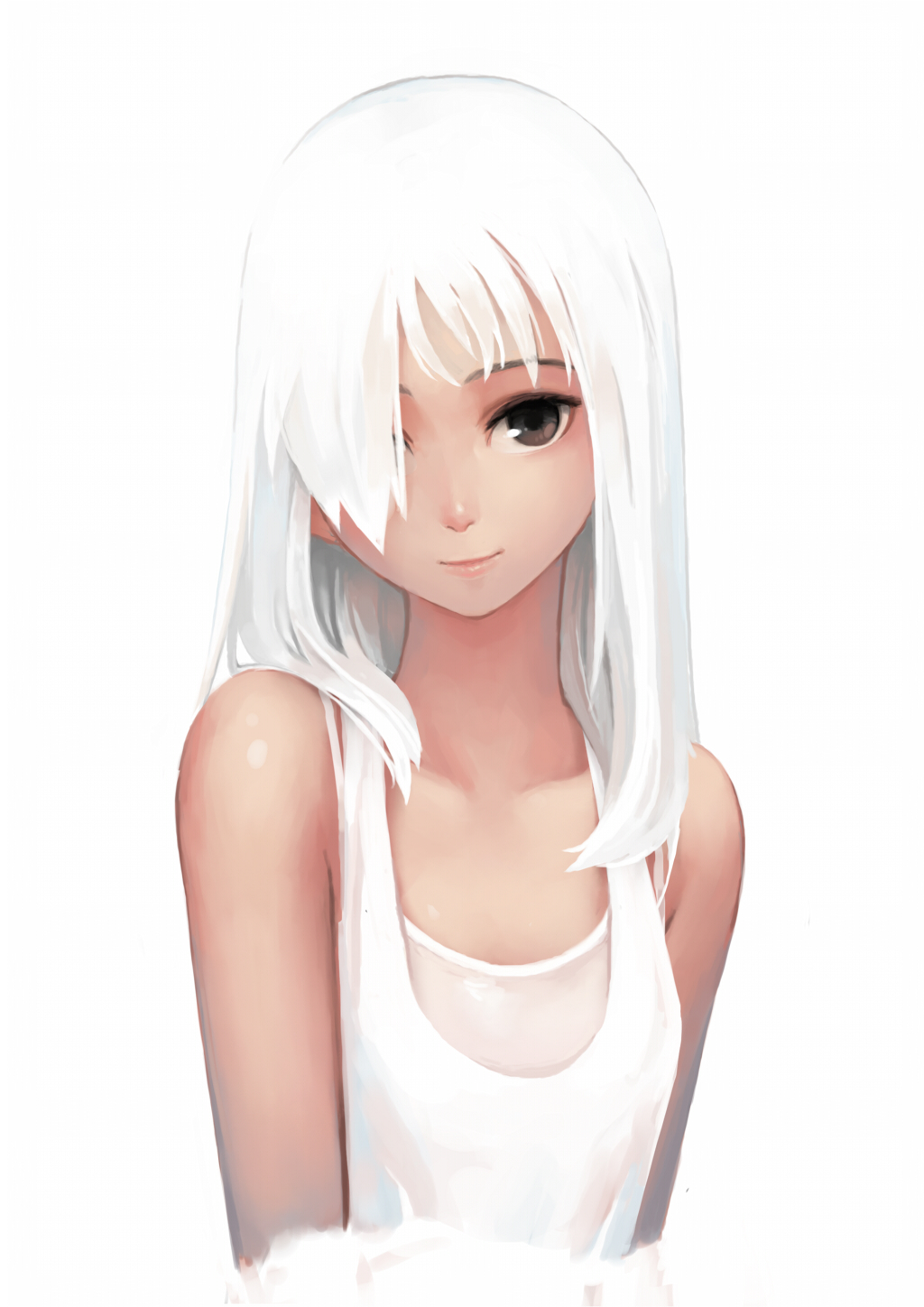 1girl bare_arms brown_eyes bust collarbone ggg_(ted08191) hair_over_one_eye highres long_hair looking_at_viewer original simple_background solo white_background white_hair