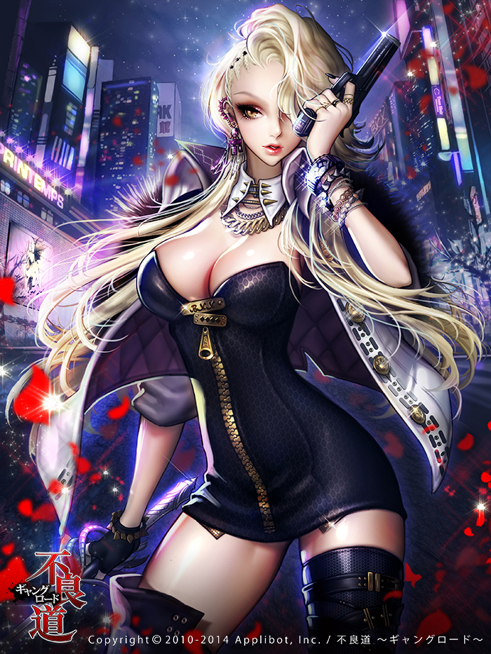 1girl black_dress blonde_hair boots breasts city cleavage contrapposto cowboy_shot dadachyo detached_collar dress earrings full-length_zipper furyou_michi_~gang_road~ gun hair_over_one_eye handgun jacket jewelry long_hair makeup necklace parted_lips petals sleeves_rolled_up solo strapless_dress sword thigh-highs thigh_boots weapon zipper
